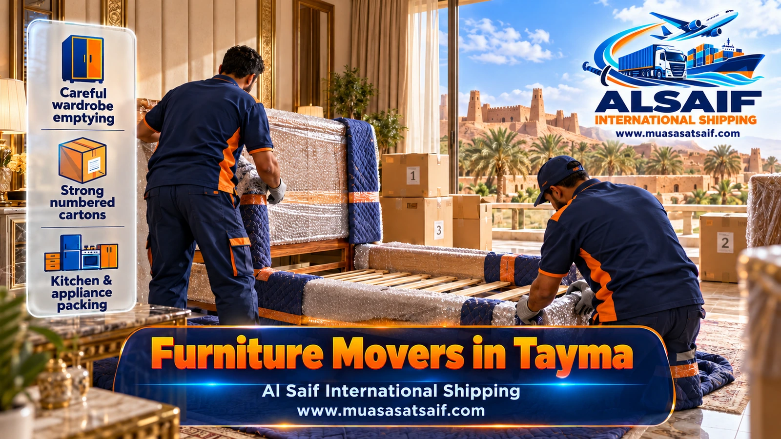 Majlis mattresses and sofas wrapped against sand and dust in Tayma