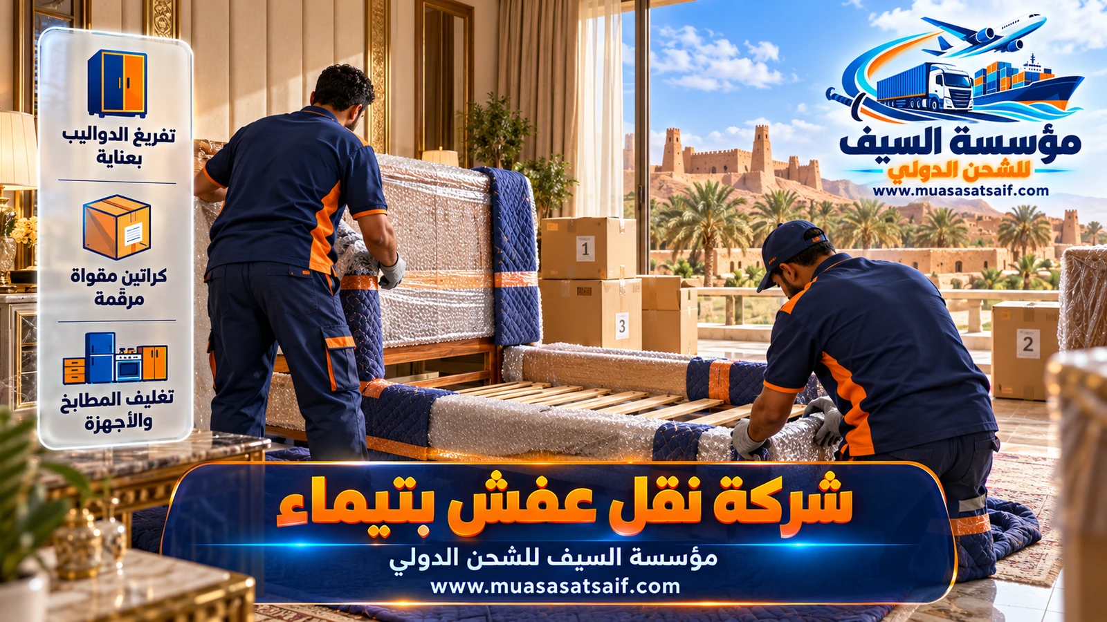 تغليف مراتب المجلس والكنب بالبلاستيك ضد الرمل والغبار في تيماء