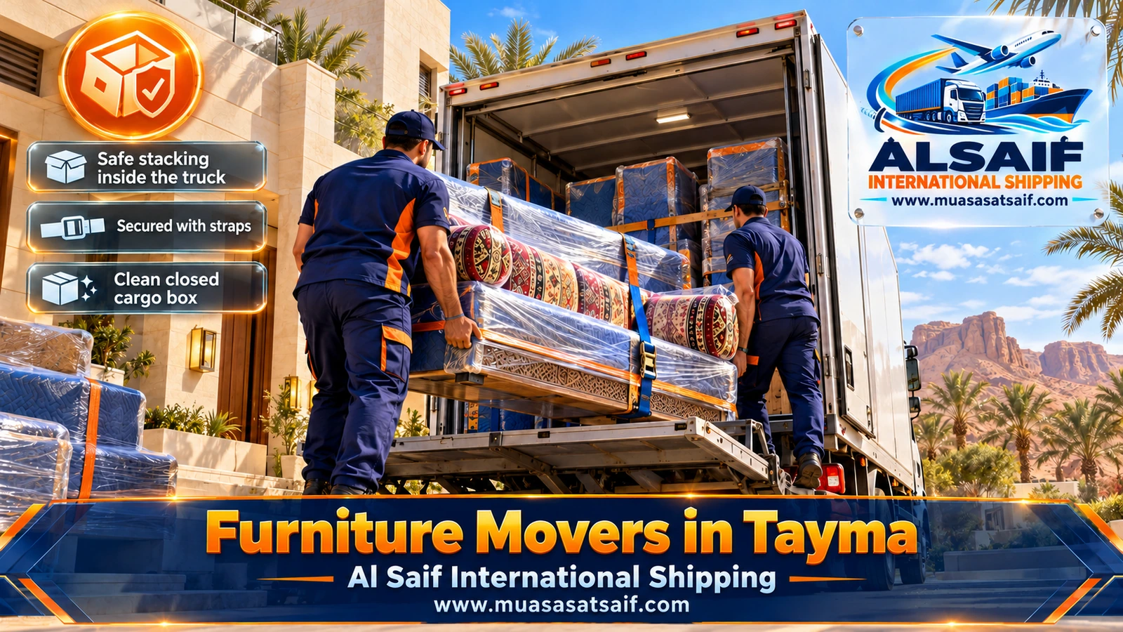 Wrapped furniture loaded into a closed truck from a house courtyard in Tayma