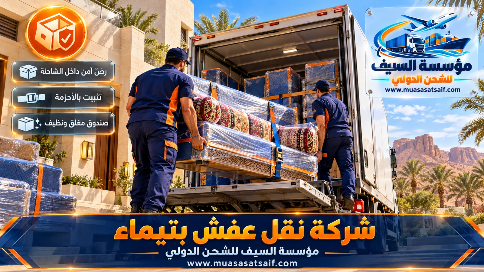 تحميل أثاث مغلف في شاحنة مغلقة من حوش بيت في تيماء
