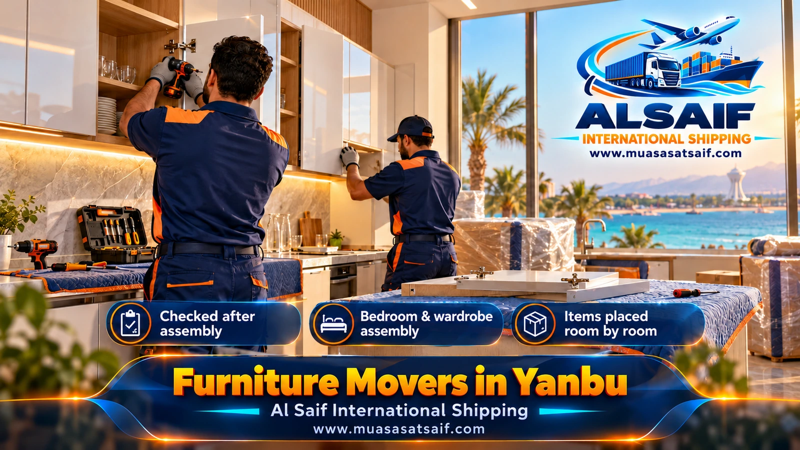 Carpenter assembling a bedroom in new housing in Yanbu Industrial
