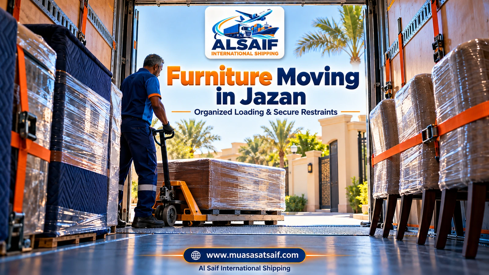 Movers and a winch loading wrapped furniture into a closed truck in Jazan