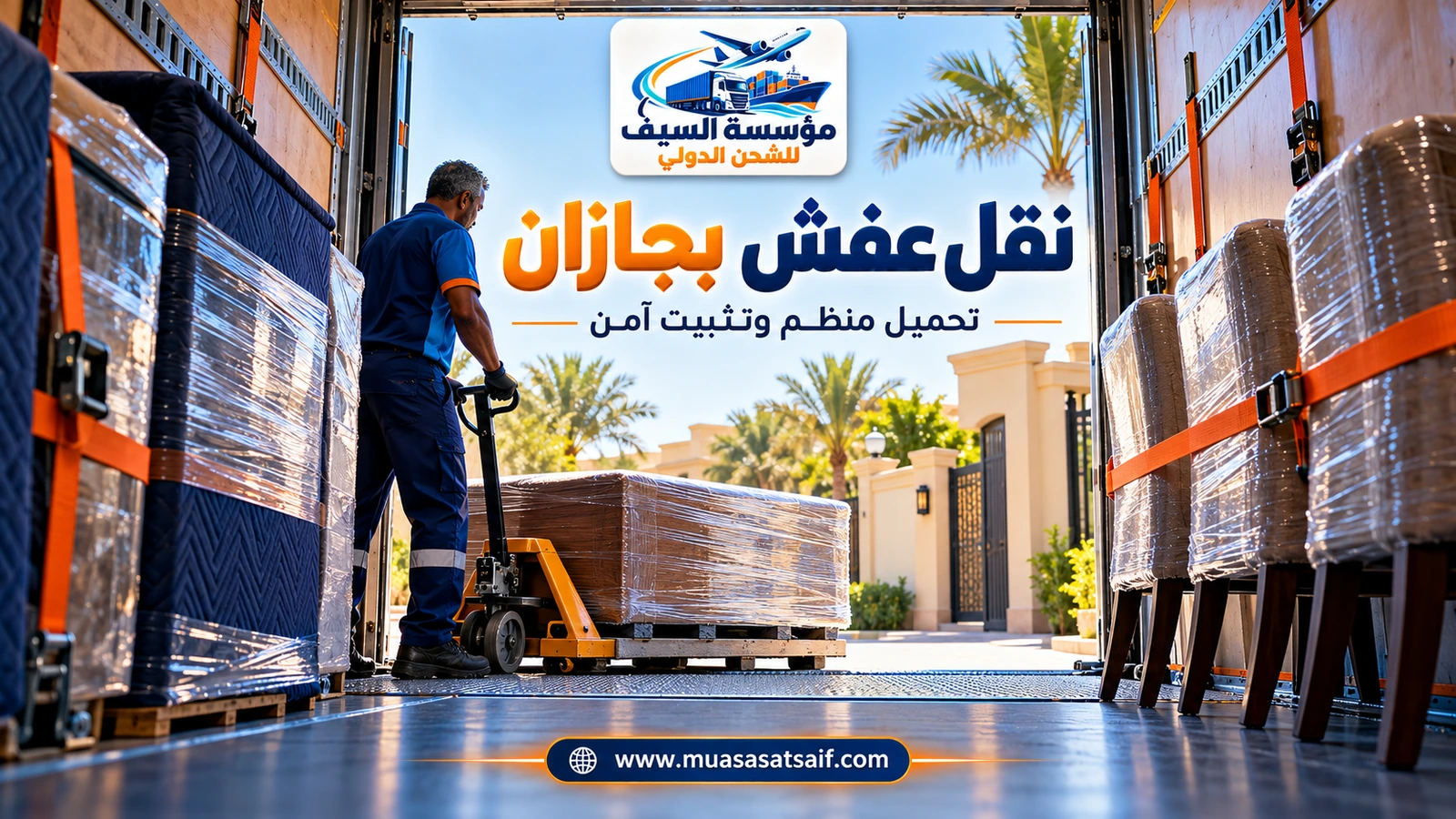 ونش وعمال يحملون الأثاث المغلف إلى دينا مغلقة ضمن خدمة شركة نقل عفش بجازان