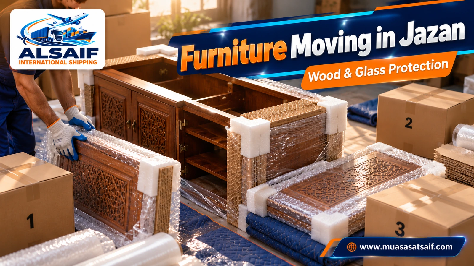 Protective moisture-resistant packing by furniture movers in Jazan before loading