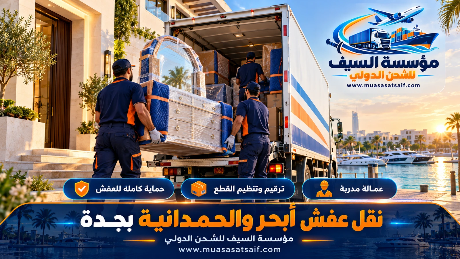 نقل عفش ابحر الشمالية | فلل وشاليهات ومجمعات بتغليف ضد هواء البحر وونش