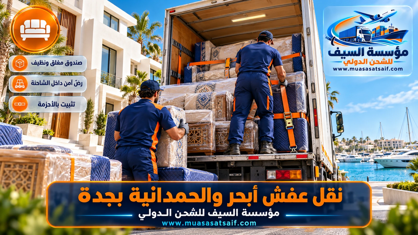 تحميل أثاث بالونش في شاحنة مغلقة أثناء نقل عفش ابحر الشمالية