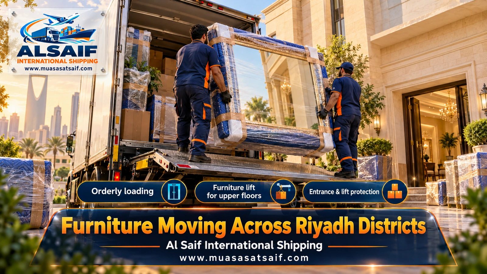 Winching furniture from an older south Riyadh building into a closed dyna