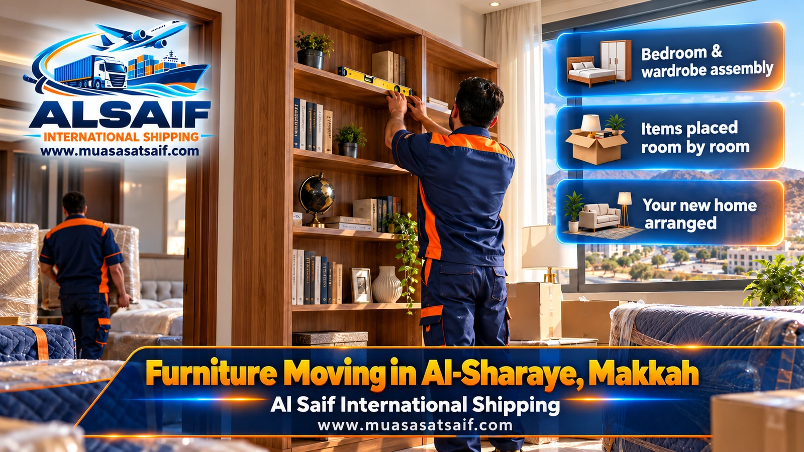Bedroom being assembled on the upper floor of a duplex after a move to Al Sharaye