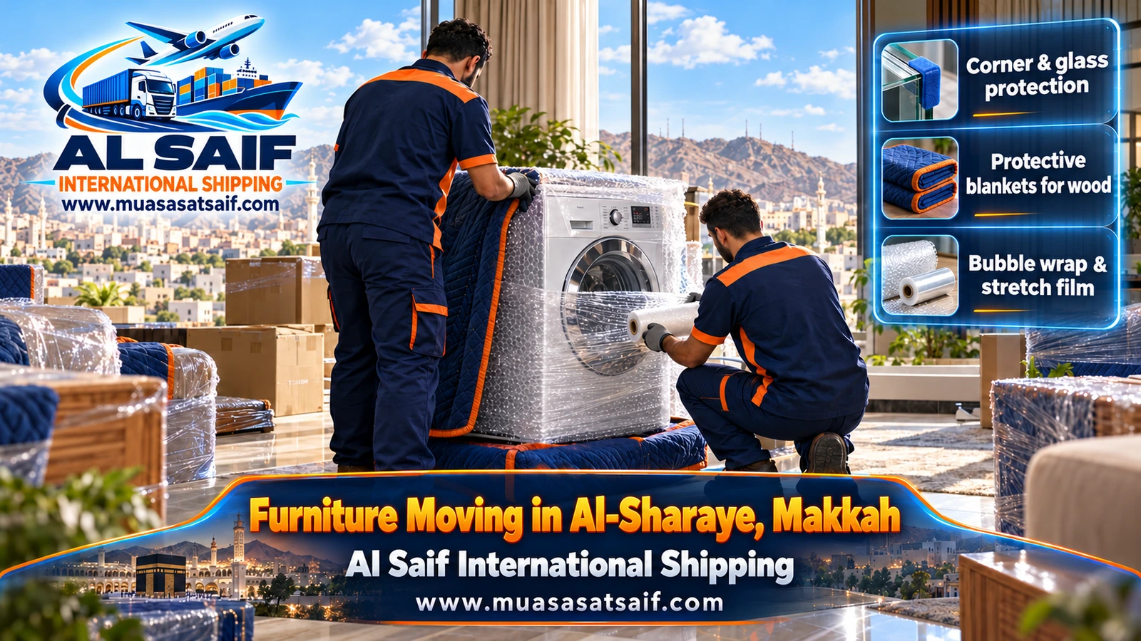 Sofas and mattresses fully wrapped in film against dust before a move in Al Sharaye