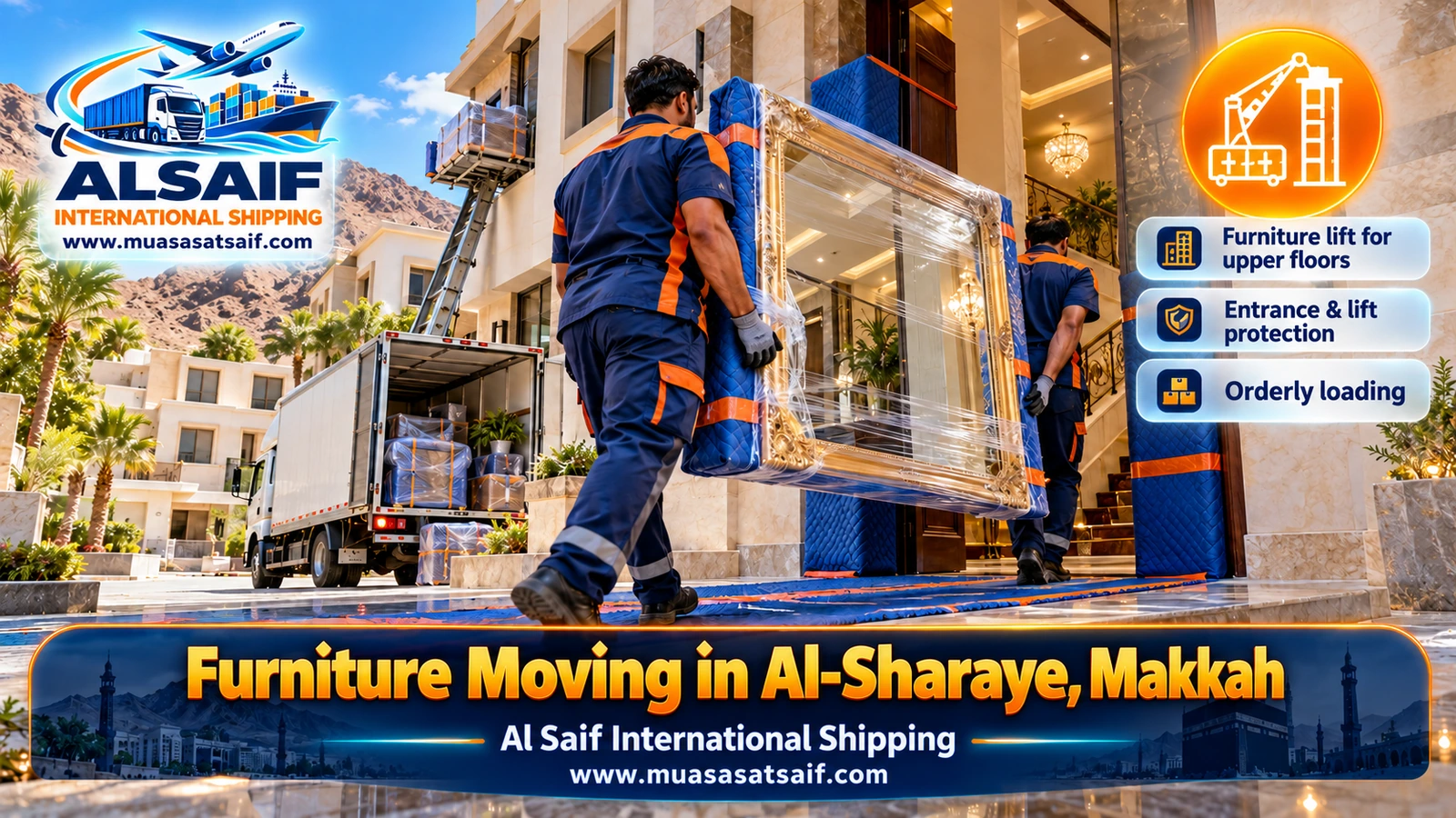 Winch loading furniture from a new apartment block in Al Sharaye into a closed dyna