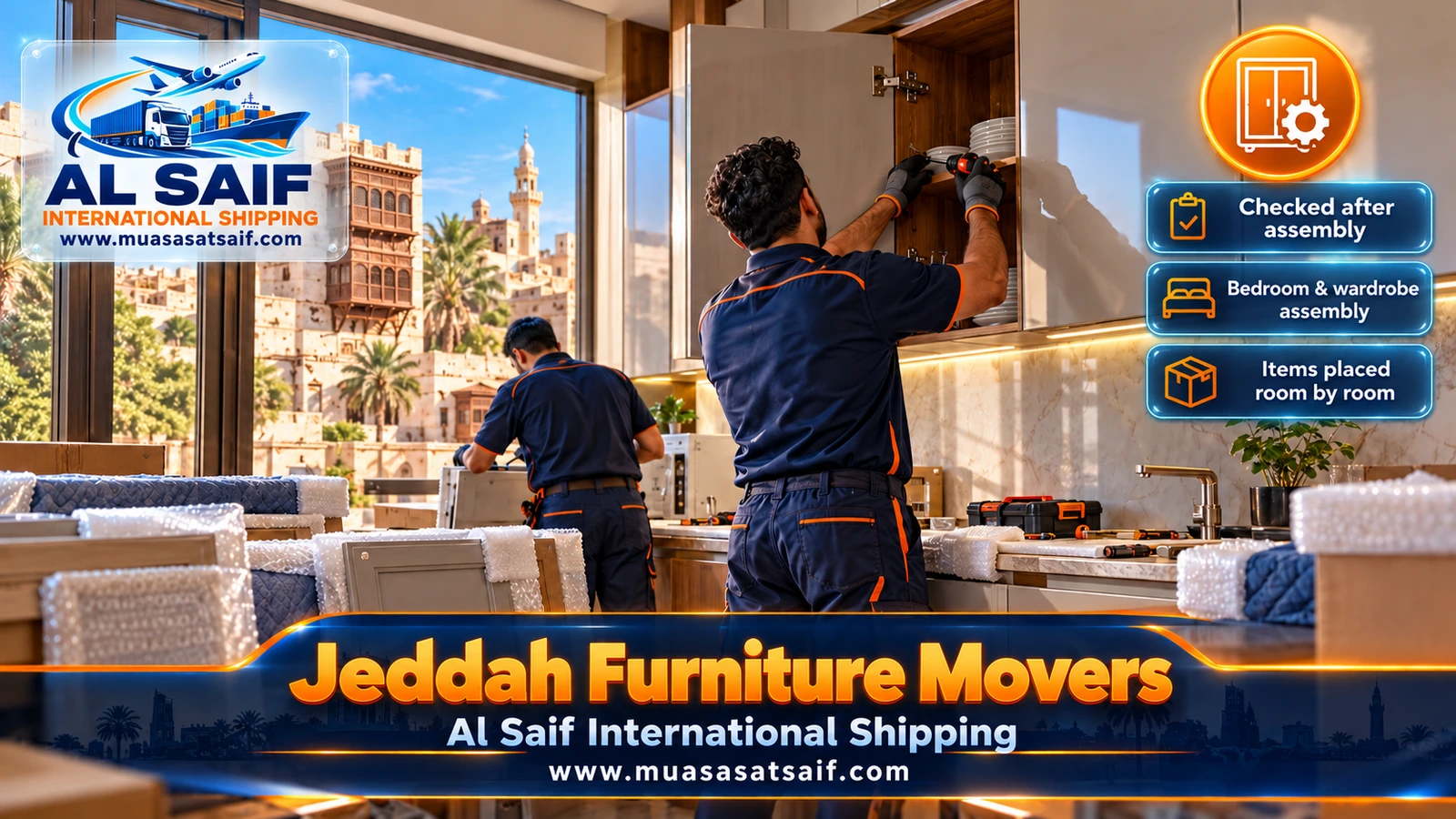 Carpenter assembling a bedroom set after a furniture move in Jeddah