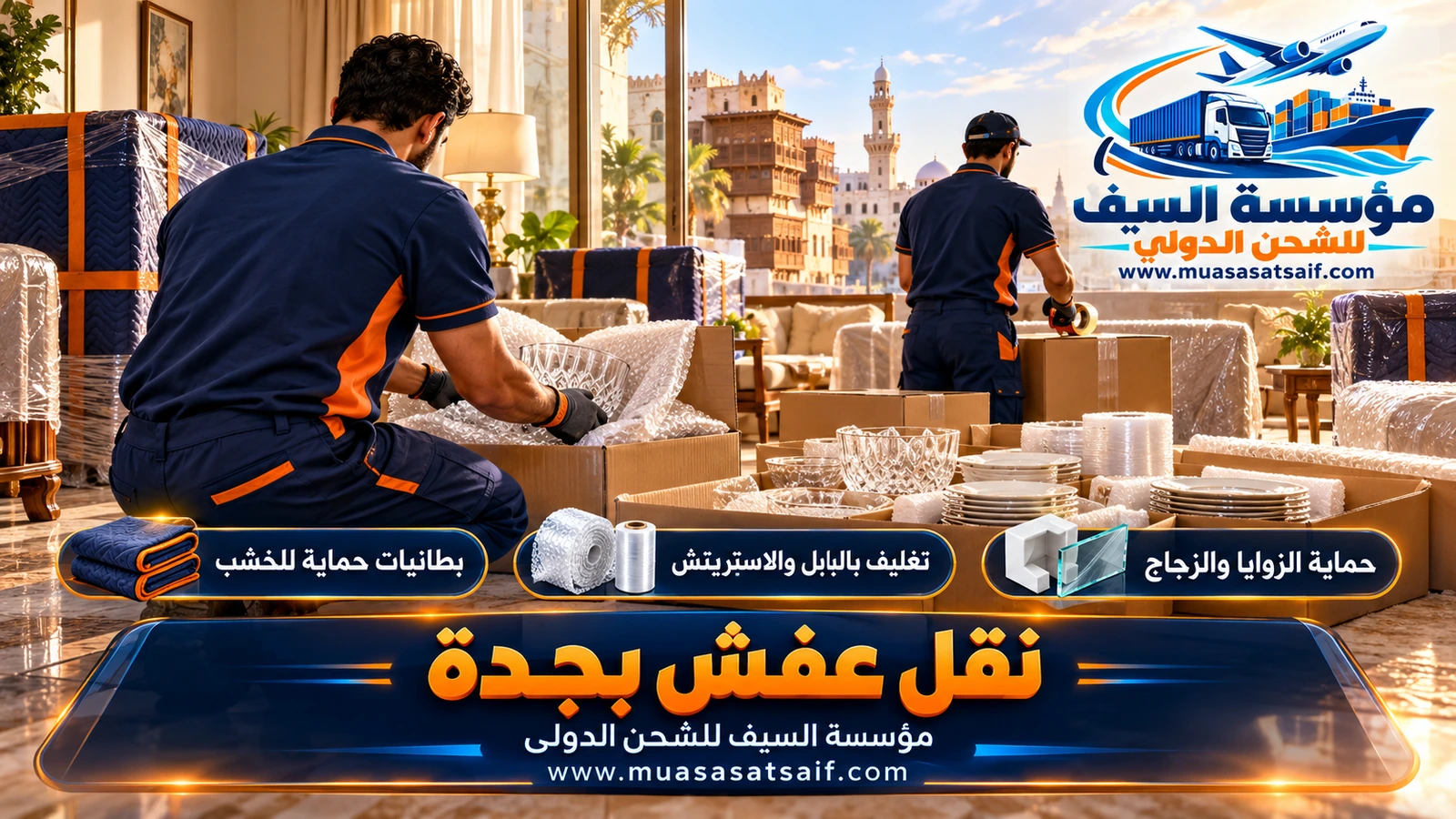 تغليف الأثاث ضمن اسعار نقل عفش بجدة بكرتون مزدوج وبطانيات