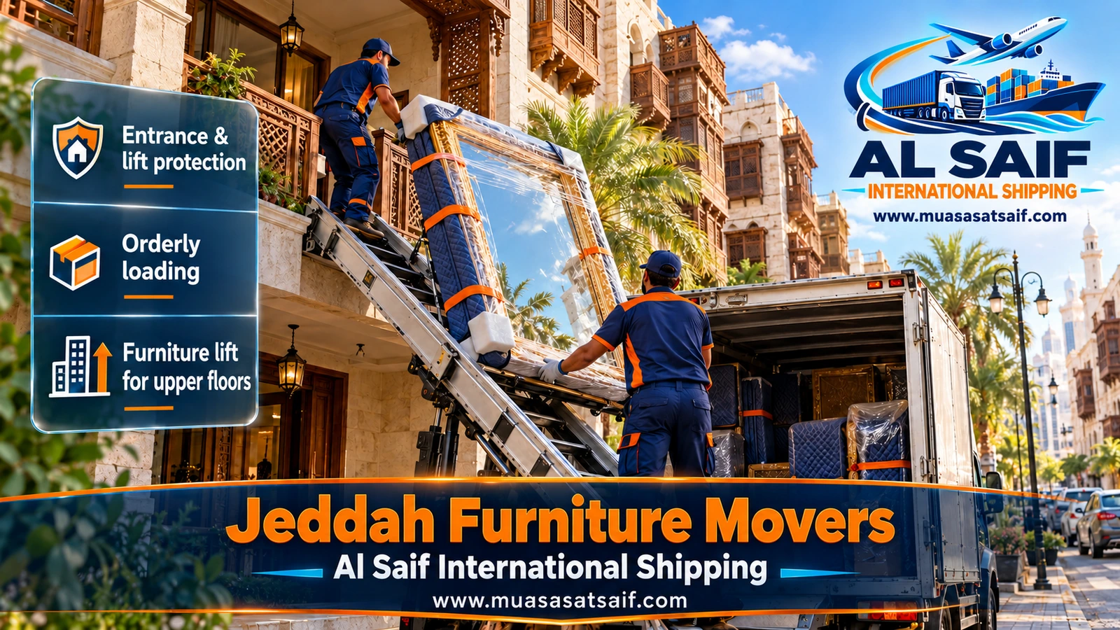 Winch lifting a sofa onto a moving truck in Jeddah