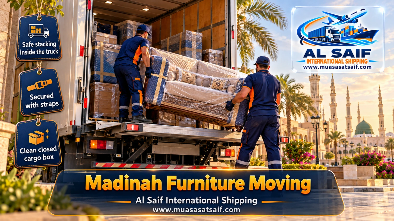 Furniture lowered by winch into a dyna from a residential building in Madinah