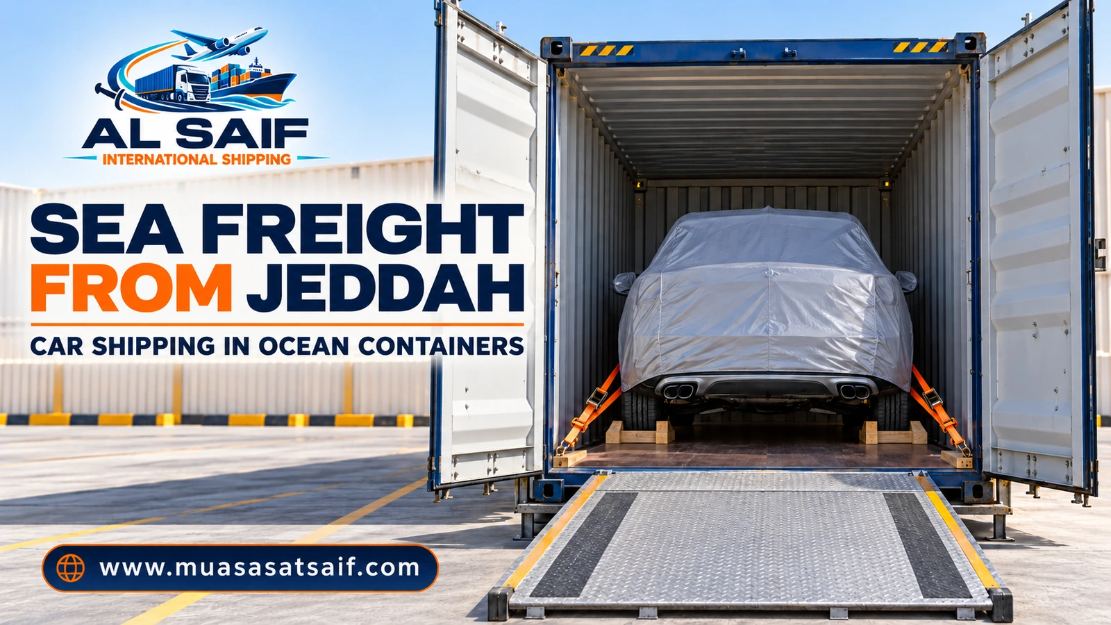 Securing a covered car inside a sea freight container in Jeddah — Al Saif