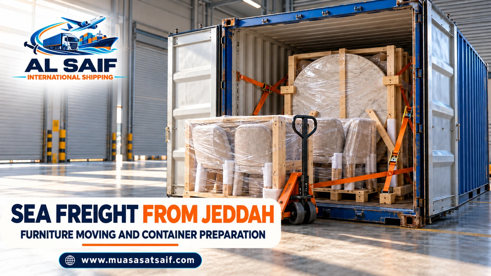 Loading packed furniture into a container outside a Jeddah home — Al Saif