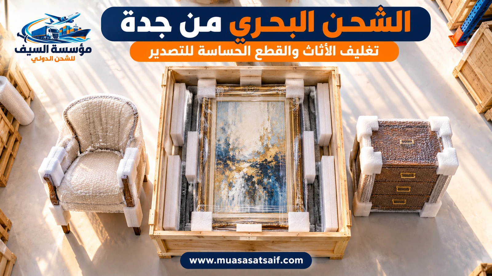 تغليف أثاث بيت في جدة للتصدير البحري ضد الرطوبة — مؤسسة السيف