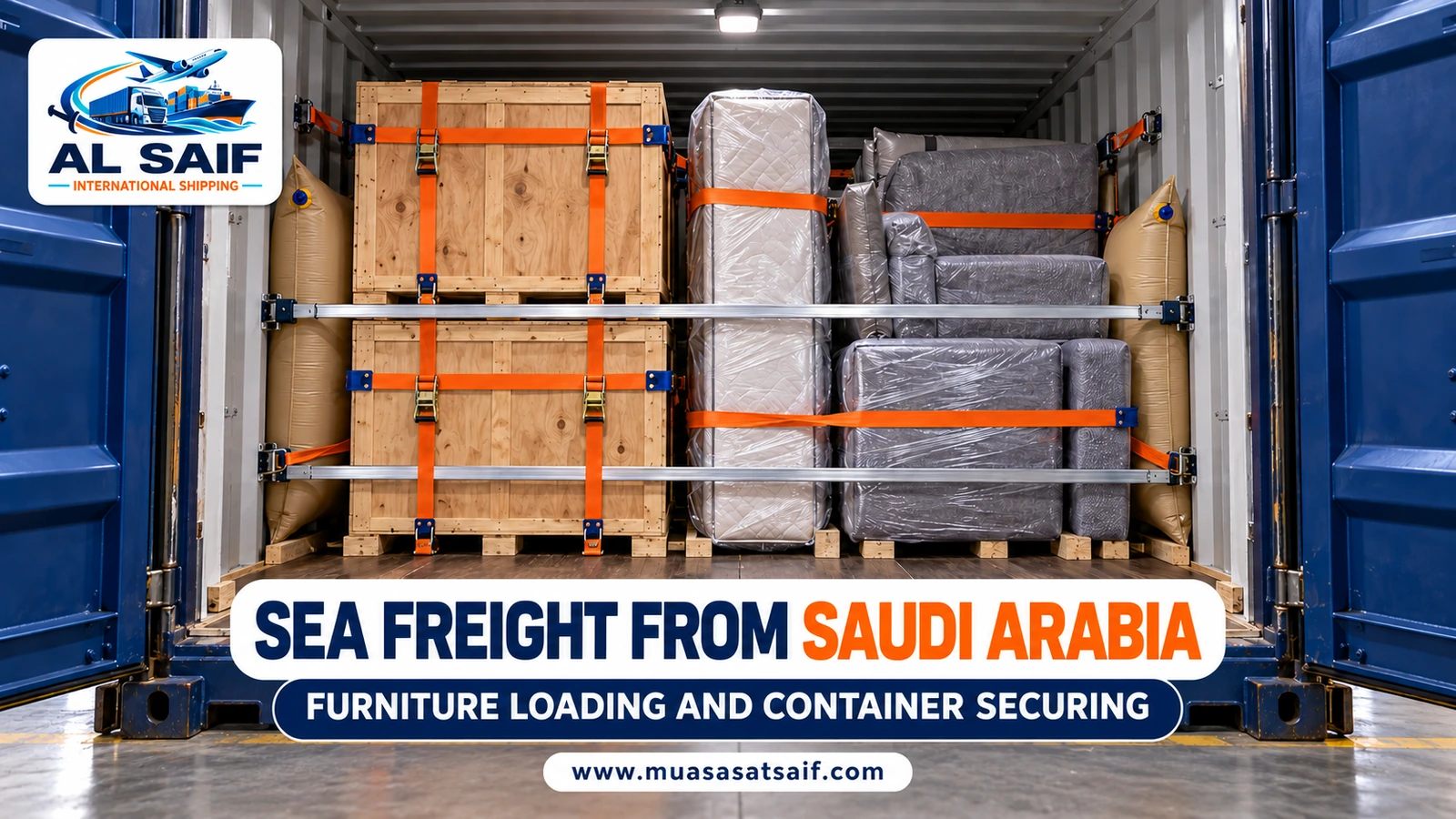 Loading and securing household furniture inside a sea freight container — Al Saif