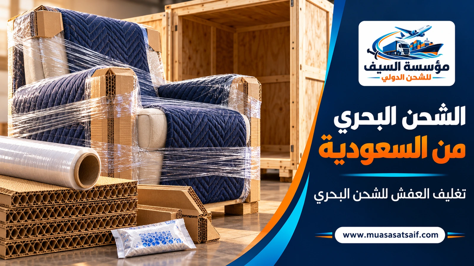 تغليف أثاث للتصدير البحري بمواد مقاومة للرطوبة وصناديق خشبية — مؤسسة السيف