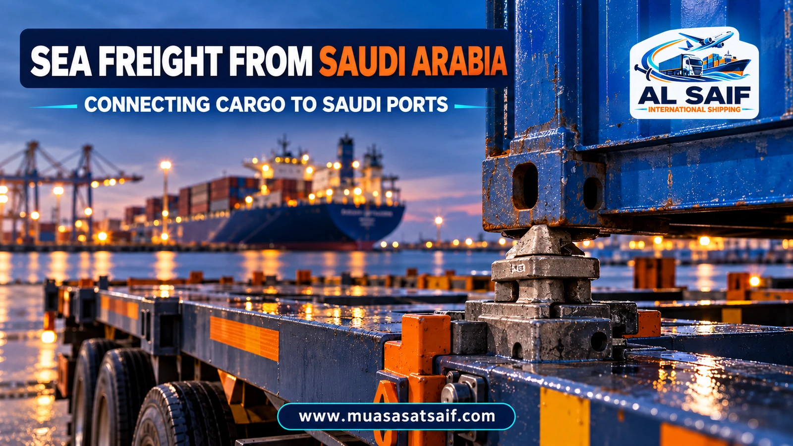 A truck taking a sealed container to the port gate for sea freight — Al Saif