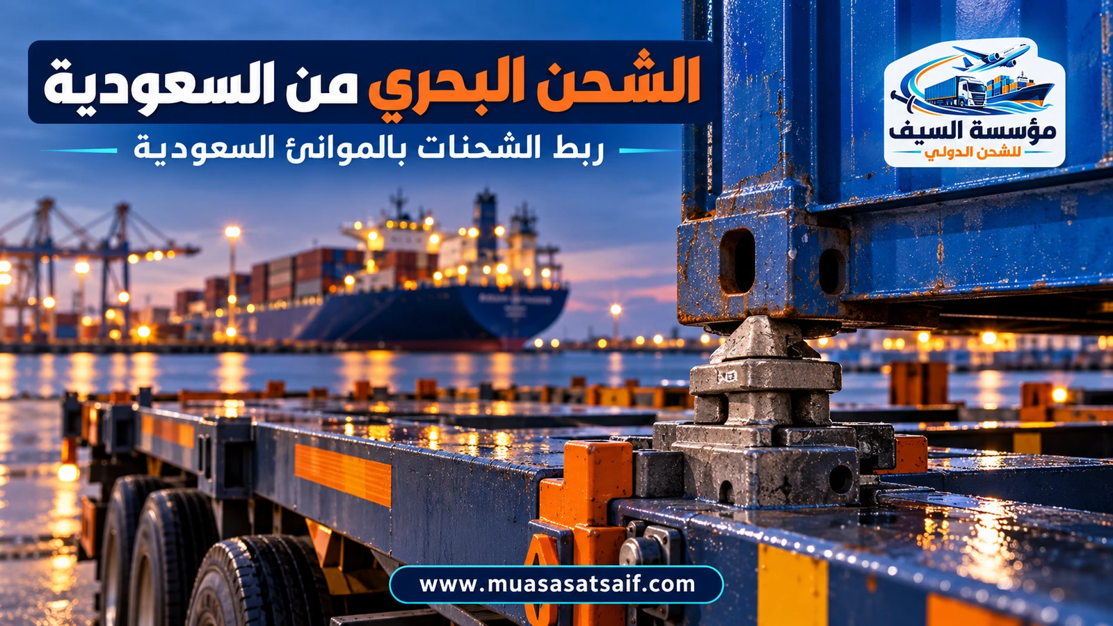 شاحنة تنقل حاوية مختومة إلى بوابة الميناء للشحن البحري — مؤسسة السيف