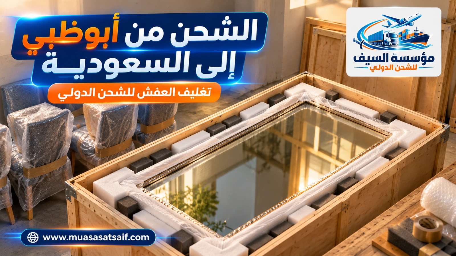 تغليف أثاث فيلا في أبوظبي قبل الشحن إلى السعودية — مؤسسة السيف