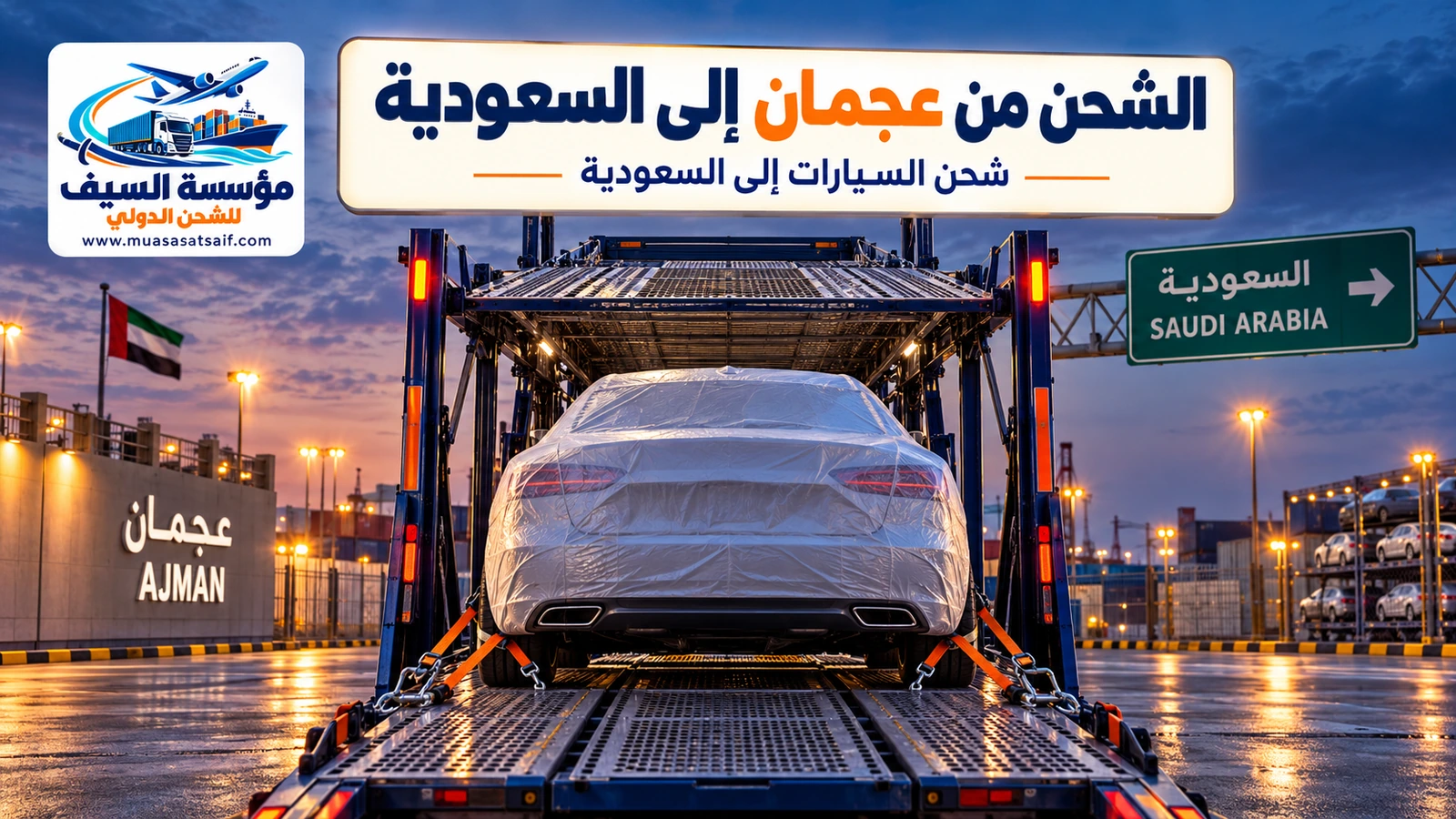 شحن سيارة من عجمان إلى السعودية على ناقلة سيارات — مؤسسة السيف
