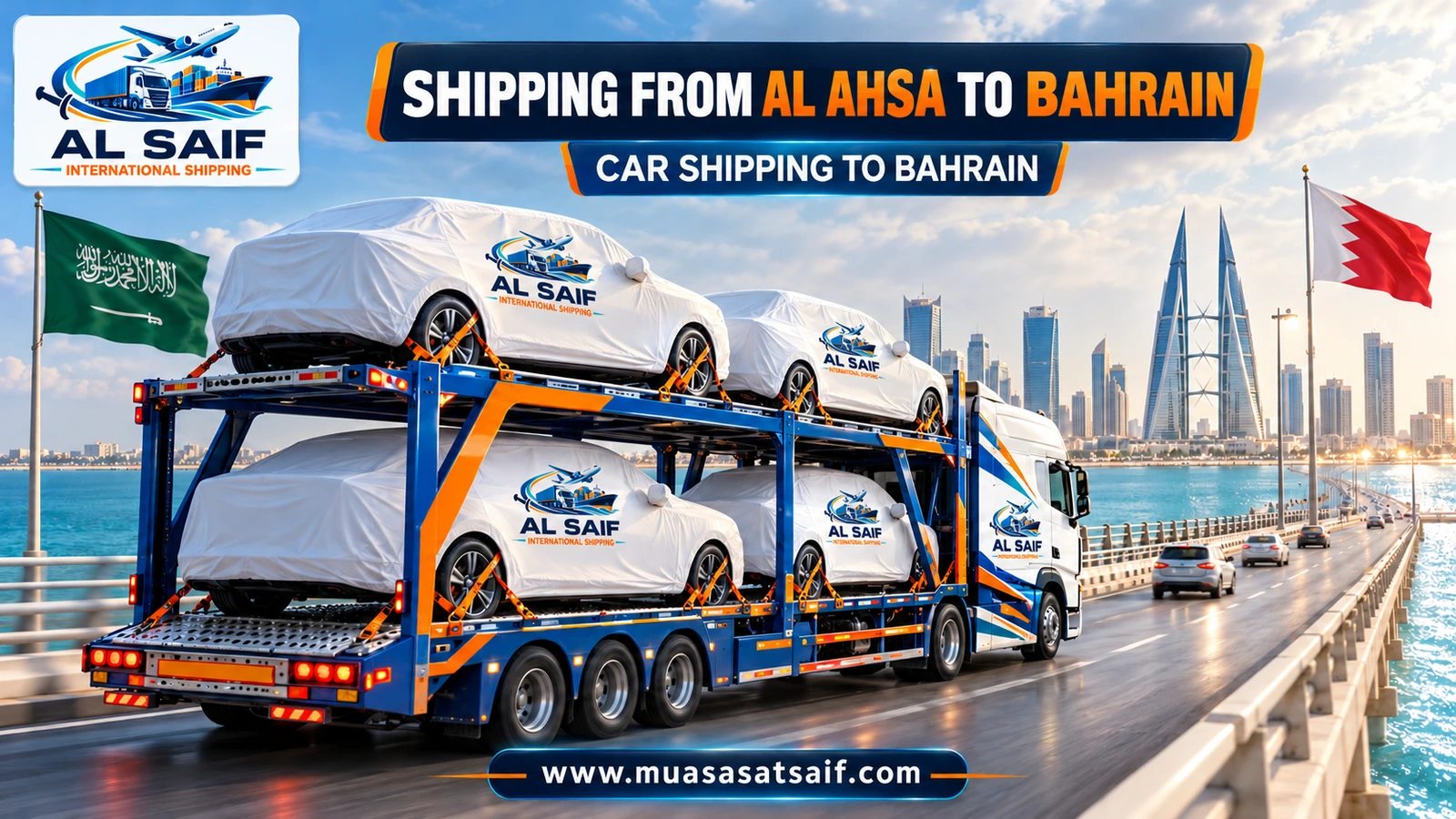 A covered car in a professional loading yard in Al Ahsa before shipping to Bahrain — Al Saif