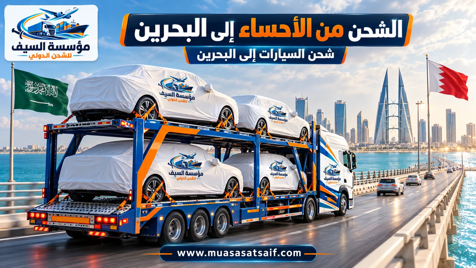 سيارة مغطاة في ساحة تحميل احترافية بالأحساء قبل شحنها إلى البحرين — مؤسسة السيف