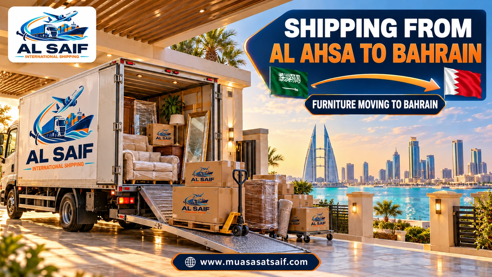Loading furniture in Al Ahsa onto a truck bound for Bahrain — Al Saif
