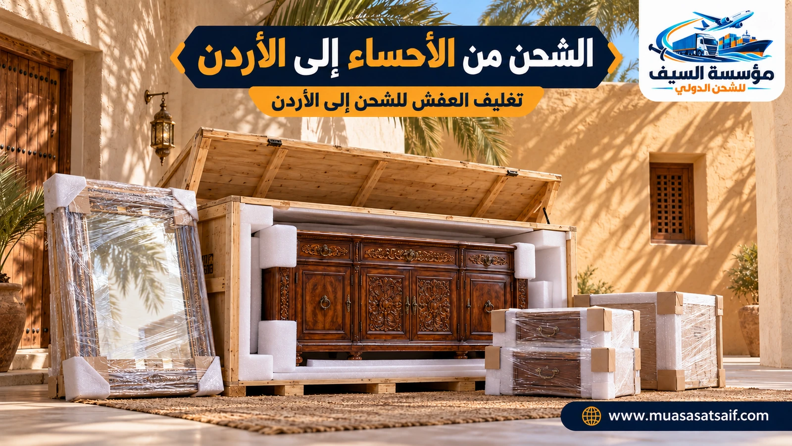 تغليف أثاث منزل في الهفوف قبل نقله إلى الأردن — مؤسسة السيف