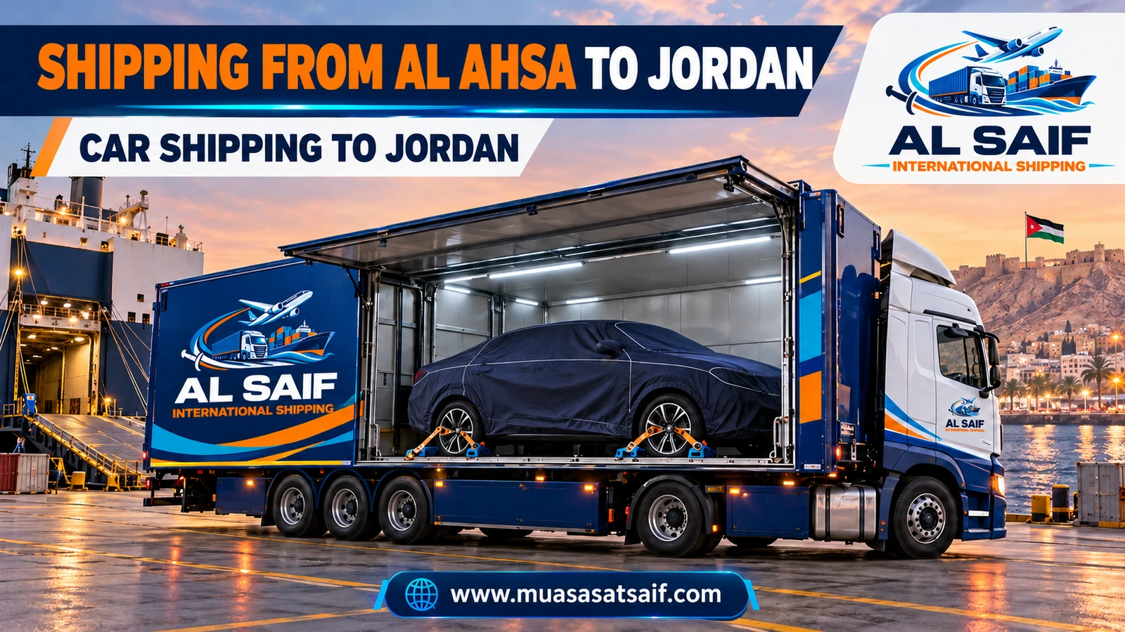 A covered car on a carrier in a professional loading yard in Al Ahsa before road shipping to Jordan — Al Saif