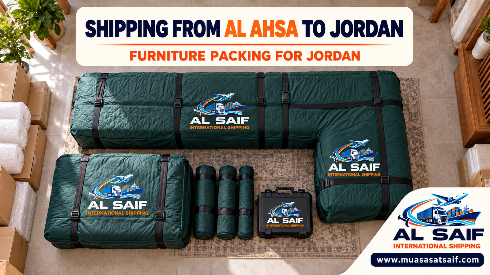 Packing household furniture in Al Ahsa before road shipping to Jordan — Al Saif