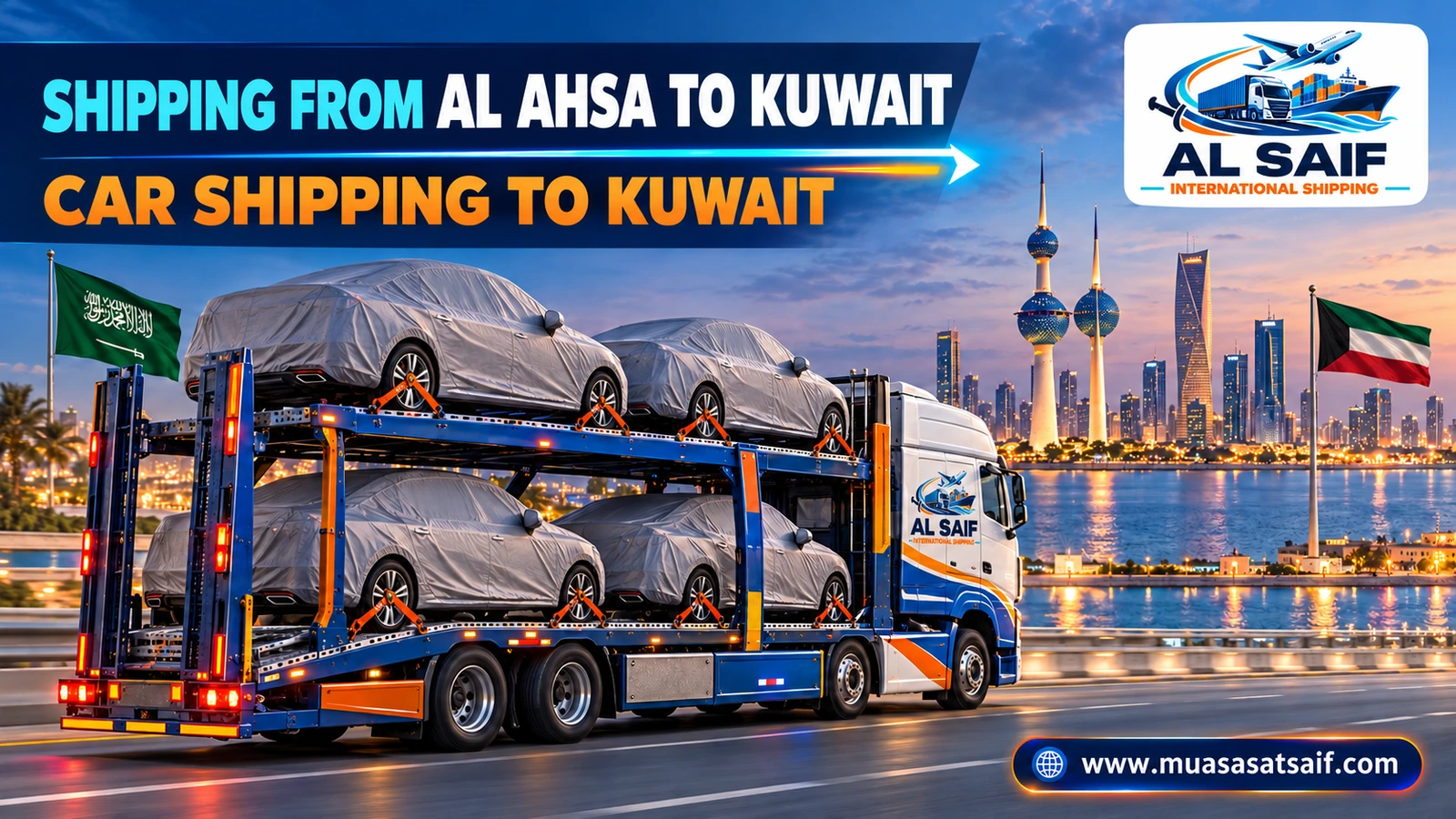 A covered car in a professional loading yard before shipping from Al Ahsa to Kuwait — Al Saif