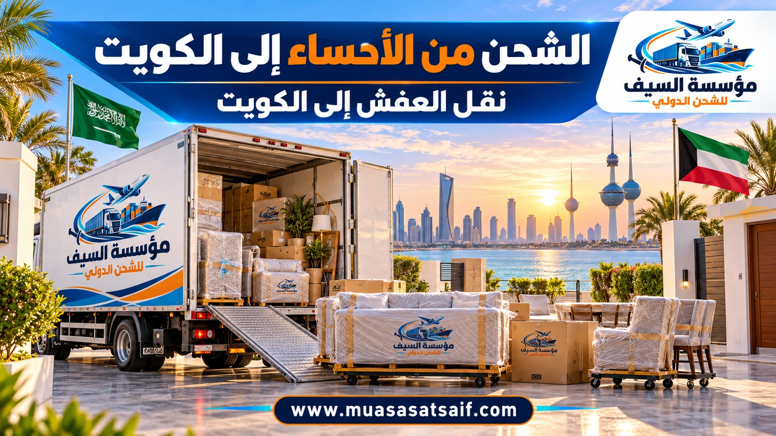 تحميل أثاث من المبرز على شاحنة متجهة إلى الكويت — مؤسسة السيف