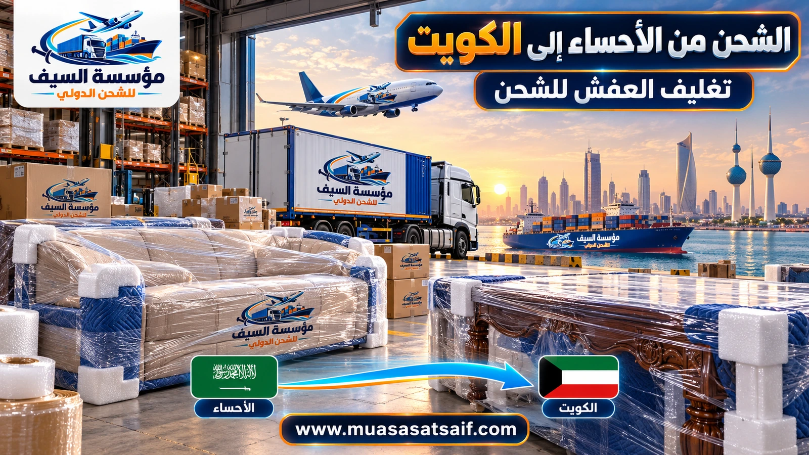 تغليف أثاث منزل في الهفوف قبل شحنه إلى الكويت — مؤسسة السيف