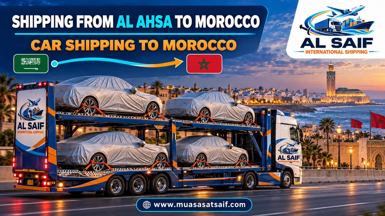 Car in a loading yard before shipping from Al Ahsa to Morocco — Al Saif