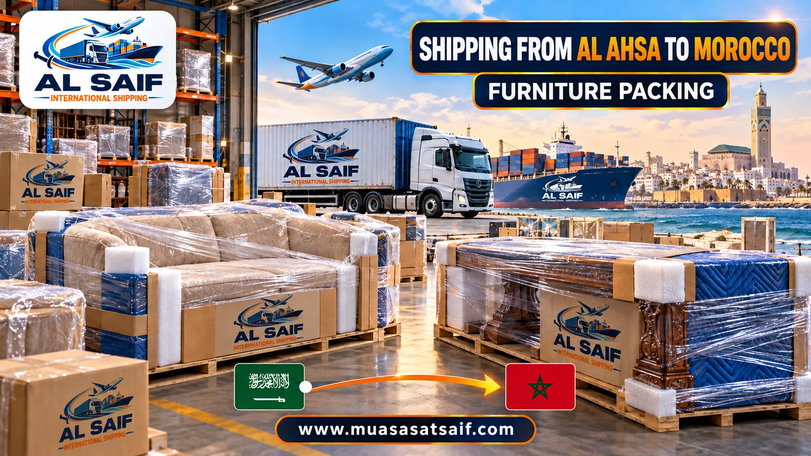 Packing household furniture in Hofuf before shipping to Morocco — Al Saif