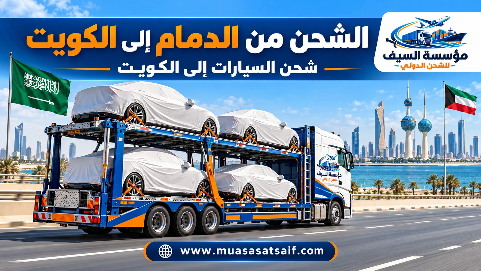 سيارة مغطاة في ساحة تحميل احترافية قبل شحنها من الدمام إلى الكويت — مؤسسة السيف