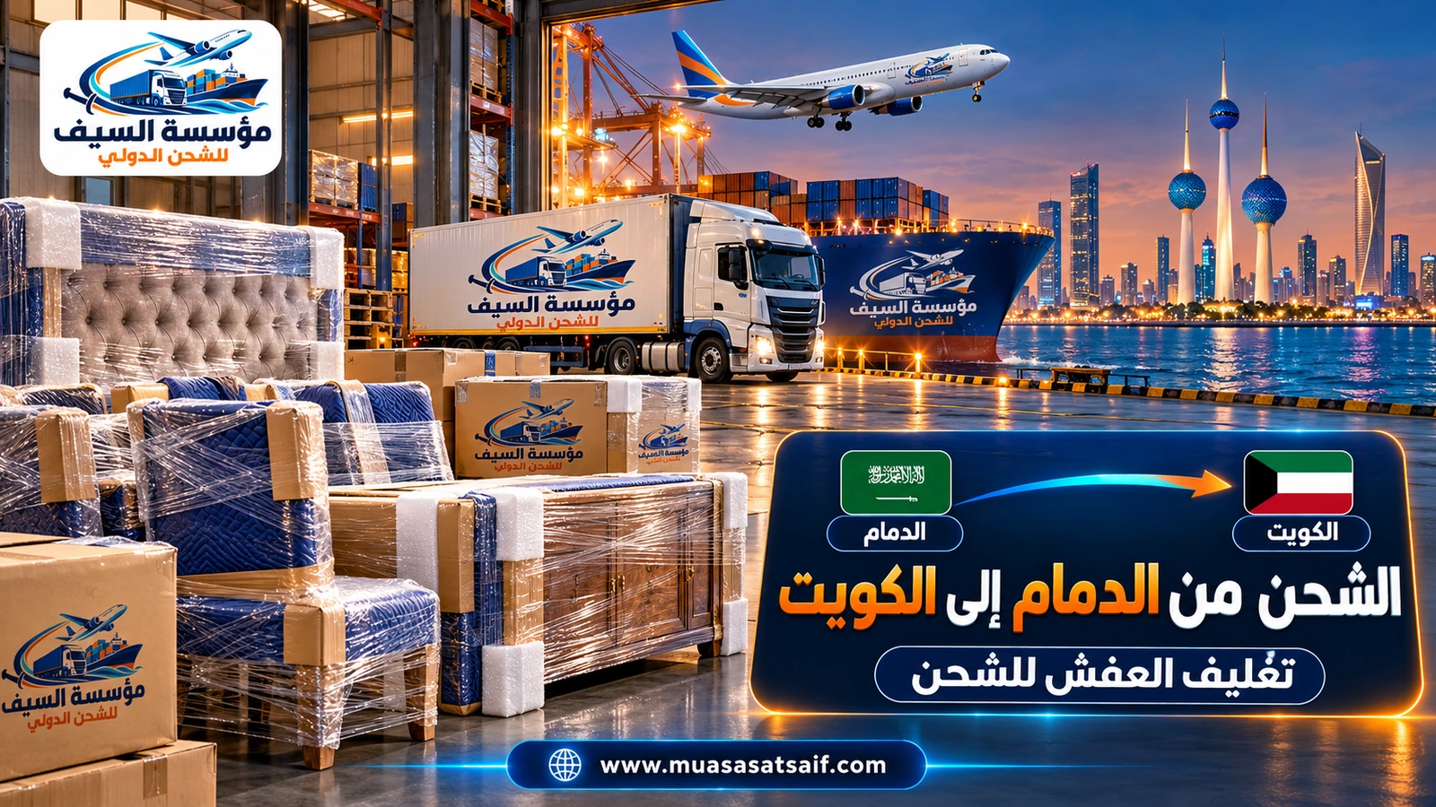 تغليف أثاث المنزل في الدمام قبل شحنه إلى الكويت — مؤسسة السيف