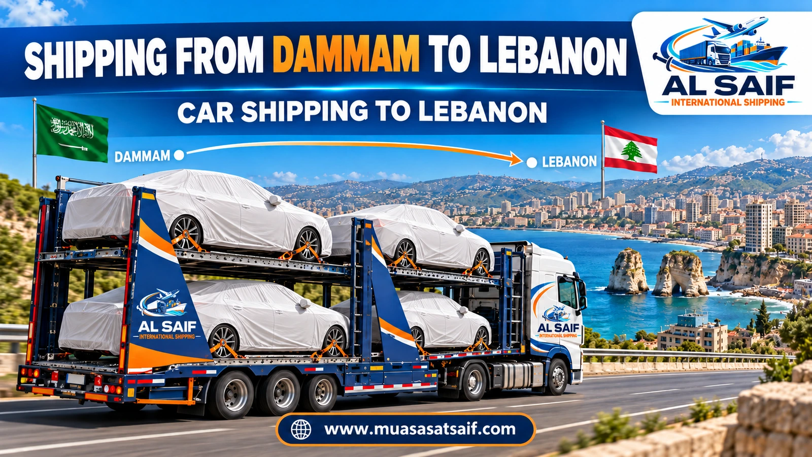 A covered car in a professional loading yard before shipping from Dammam to Lebanon — Al Saif