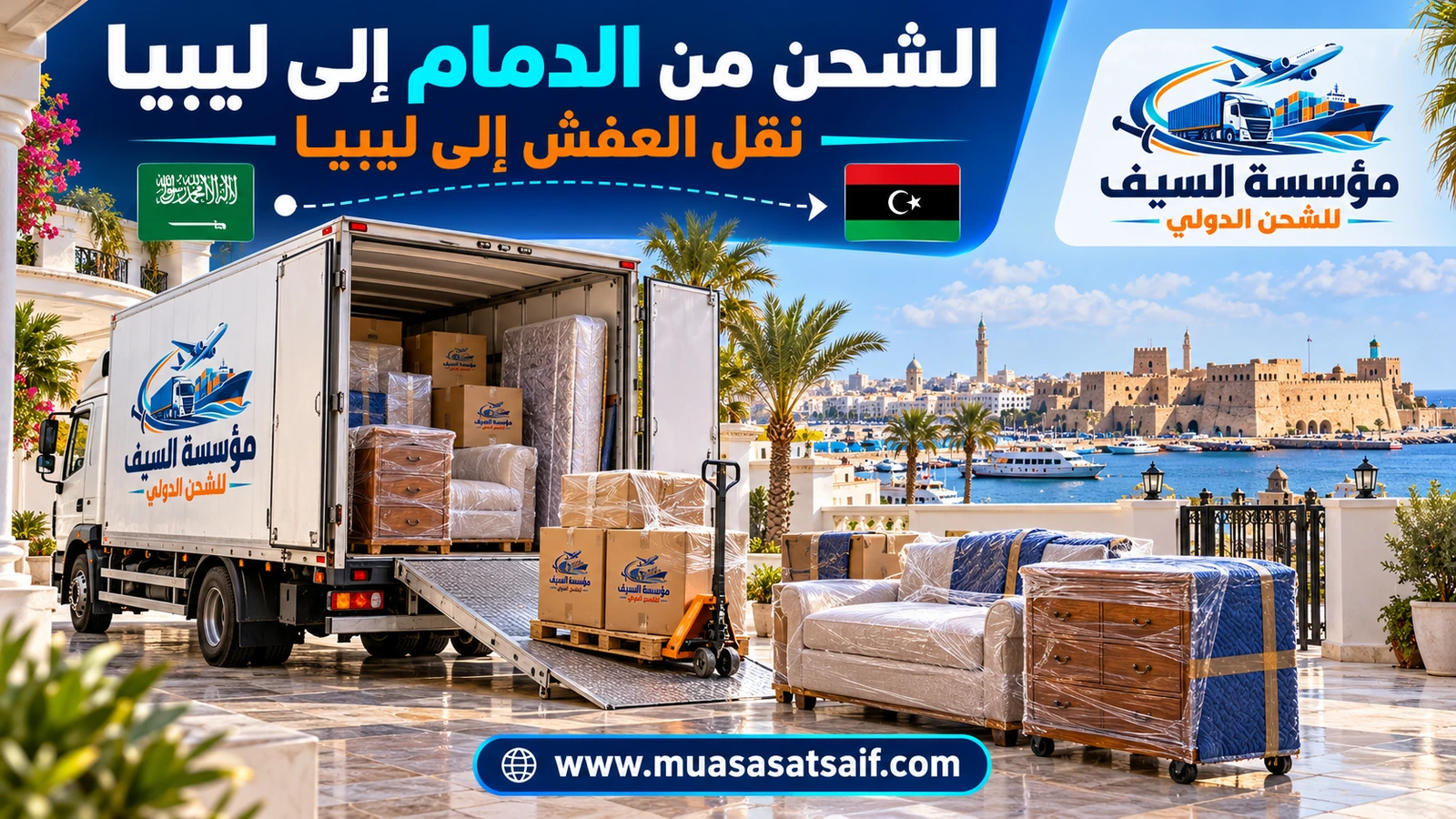 تحميل أثاث من بيت في الخبر داخل حاوية متجهة إلى ليبيا — مؤسسة السيف