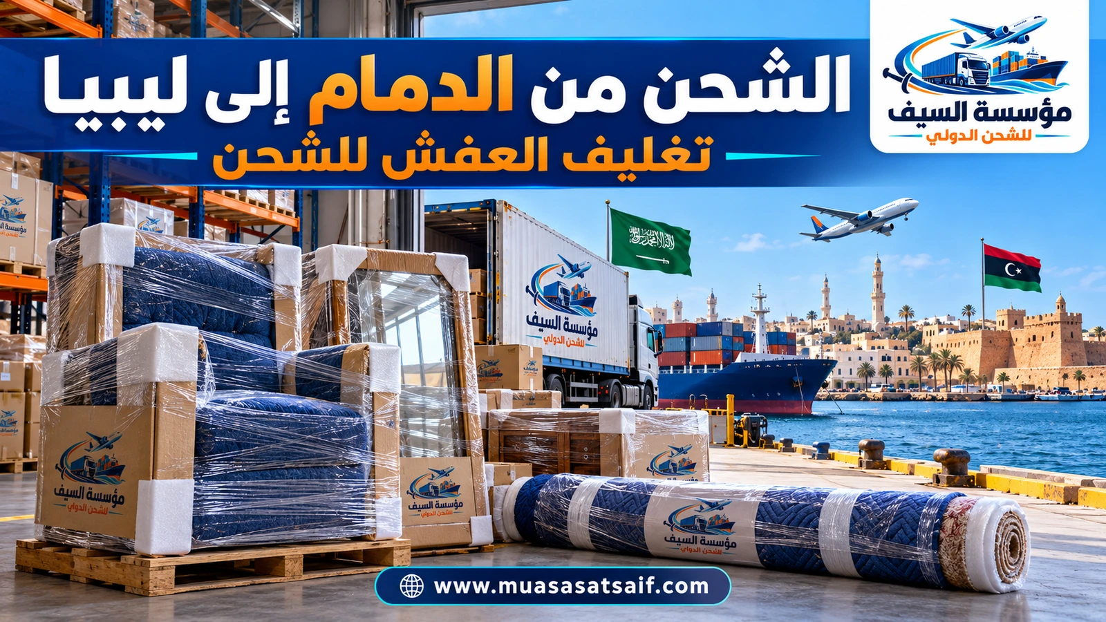 تغليف أثاث بيت في الدمام قبل شحنه إلى ليبيا — مؤسسة السيف