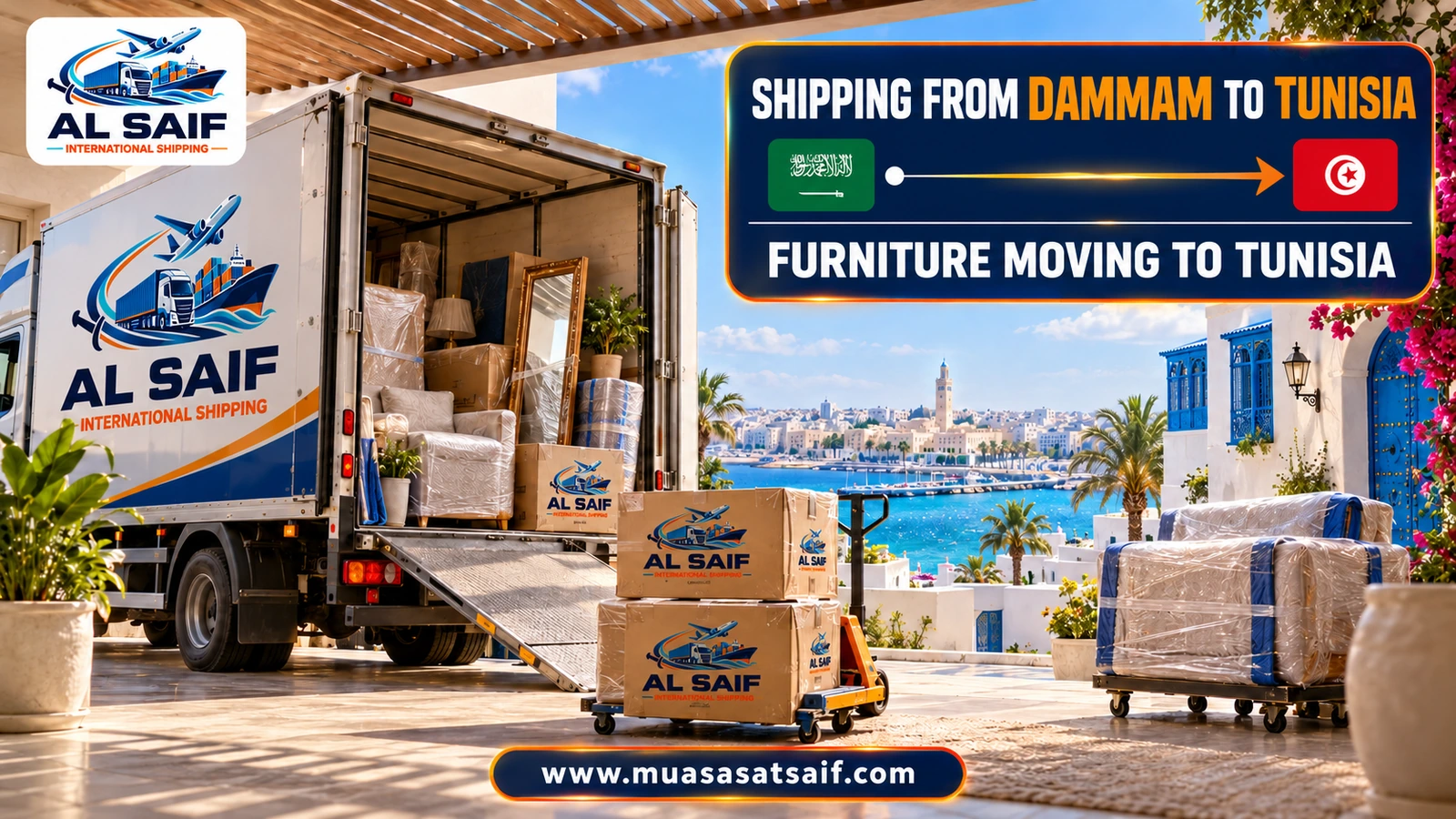 Loading furniture from a Khobar villa into a container bound for Tunisia — Al Saif