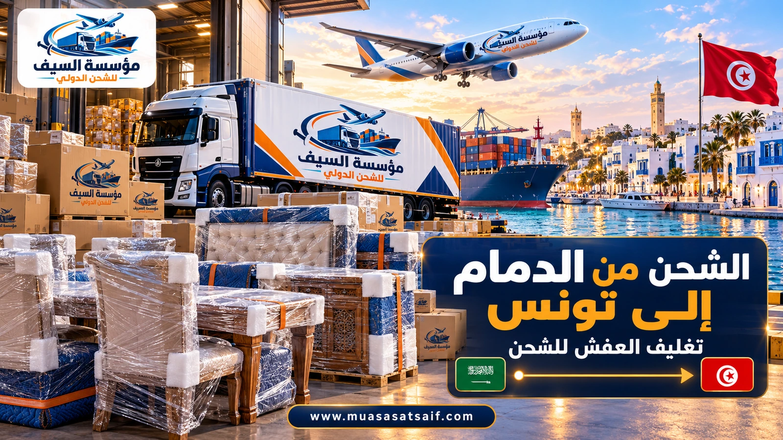 تغليف أثاث بيت في الدمام قبل شحنه إلى تونس — مؤسسة السيف