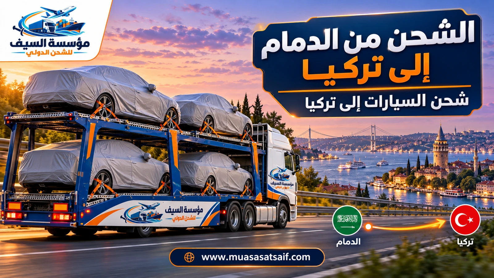 سيارة داخل حاوية في ساحة تحميل احترافية قبل شحنها من الدمام إلى تركيا — مؤسسة السيف