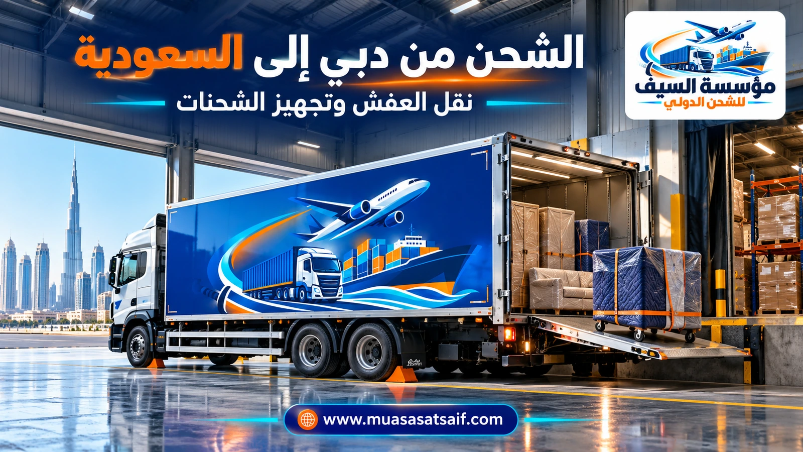 نقل الأثاث من دبي إلى السعودية في شاحنة مغلقة — مؤسسة السيف
