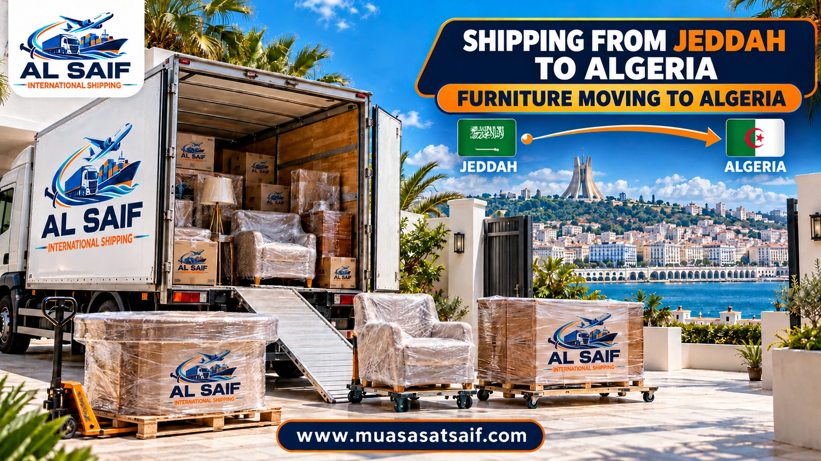 Loading furniture from a Jeddah home into a container bound for Algeria — Al Saif