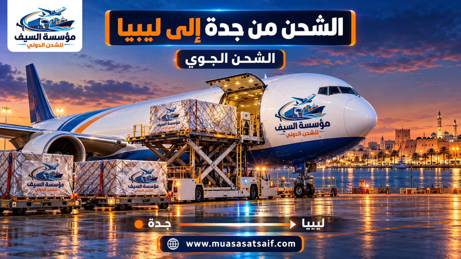الشحن الجوي من مطار الملك عبدالعزيز بجدة إلى مطار بنينا في بنغازي — مؤسسة السيف