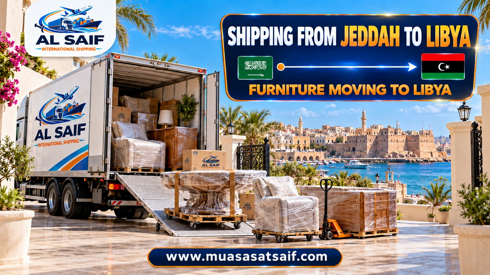 Loading a Jeddah home’s furniture into a container bound for Libya — Al Saif